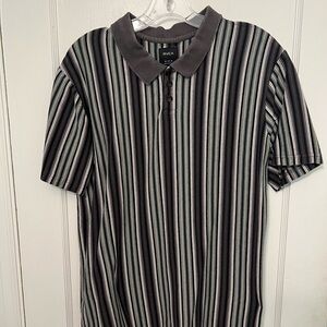 RVCA Men's Polo Shirt - Black, Gray, and White Stripes